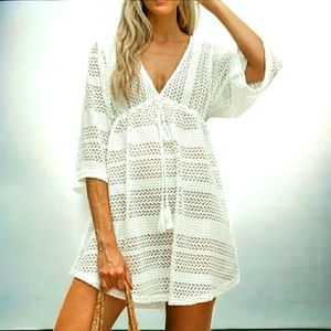 Endless Blu Mini Crochet Dress Womens S Loose Knit V Neck  White Stretchy Beachy